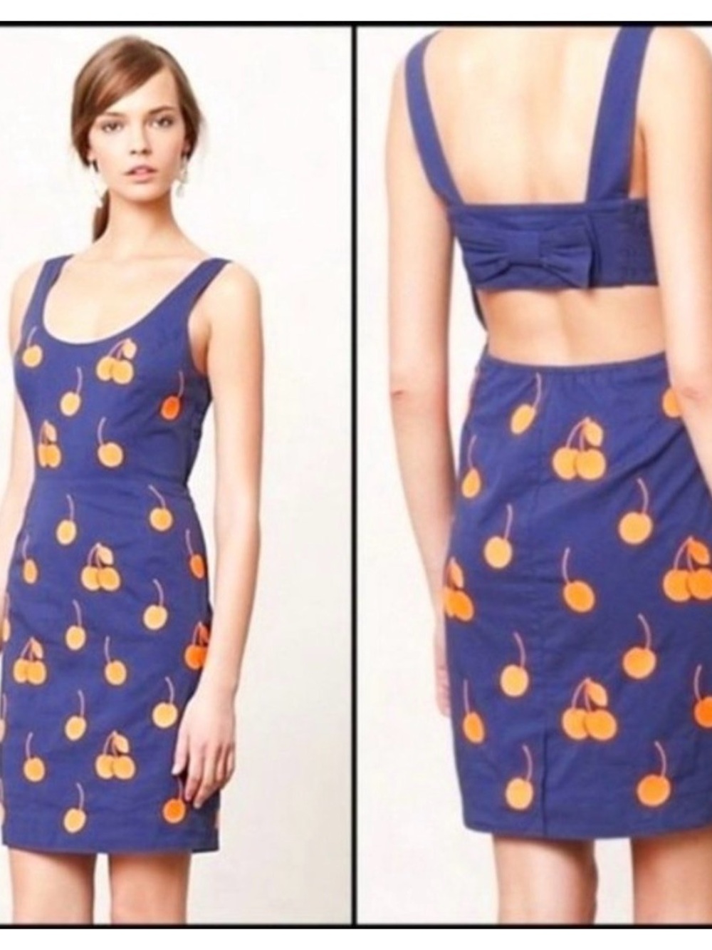Sleeveless Navy Mini Dress with Orange Cherry Print